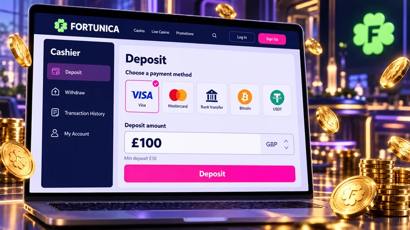 Fortunica cashier screen with a GBP balance and deposit methods