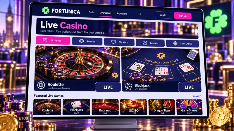 Fortunica live casino tables for roulette, blackjack and baccarat