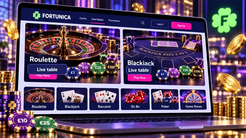 Fortunica live dealer lobby with roulette and blackjack tables on screen