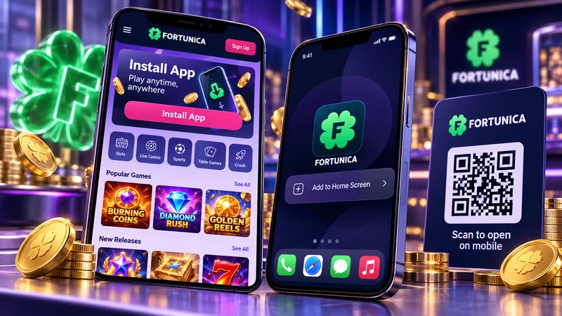 Fortunica Install Application banner and QR download card on a phone screen