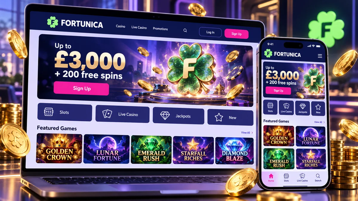 Fortunica Casino lobby with the Log In button in the top-right corner