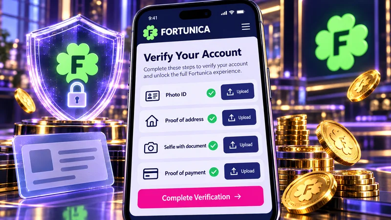 Fortunica account verification checklist with photo ID, proof of address, payment proof and selfie