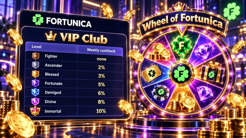 Fortunica VIP club status ladder from Fighter to Immortal beside the Wheel of Fortunica